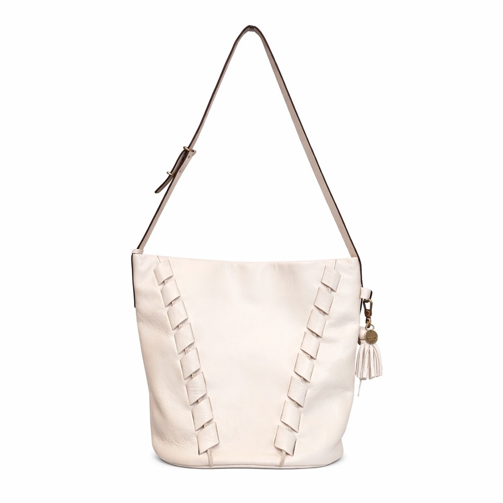 The Sak Cream Leather Bucket Bag Tassel Shoulder Bag Boho Minimalist - Picture 7 of 13